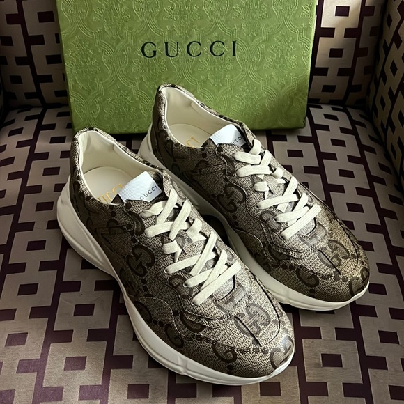 Gucci 100 GG supreme Jumbo monogram leather canvas rhyton sneakers NEW - Picture 1 of 9